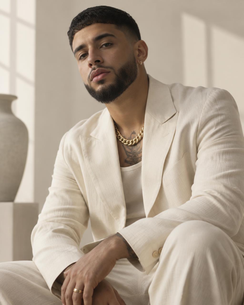 Latin music artist in a cream linen suit