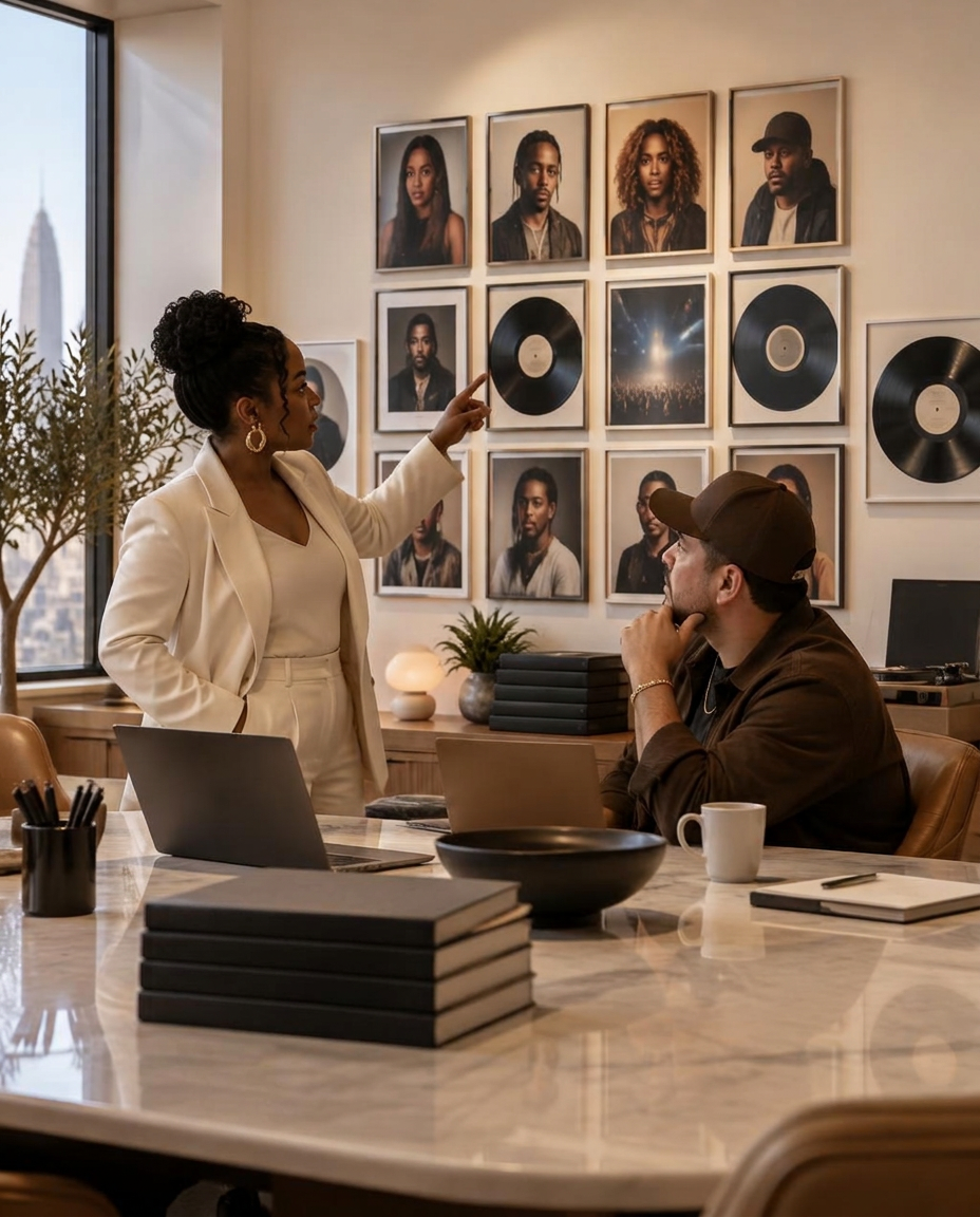 Label executive and artist manager reviewing their roster